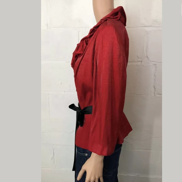Lilianna Ruffled Neck Jacket Red Belted 3/4 Sleeve - Picture 7 of 9